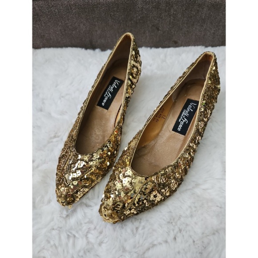 Valenti Franco Gold Sequin Beaded Kitten Heels‎ Pumps Size 7.5 Vintage Glam